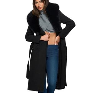 NWT Women's Long Black Wool Trench Coat Faux Removable Fur Collar